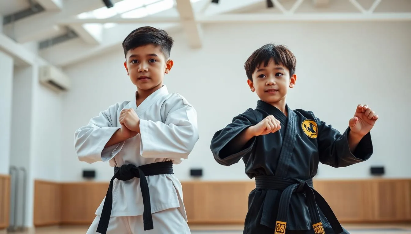 Two children demonstrating different martial arts stances in a dojo