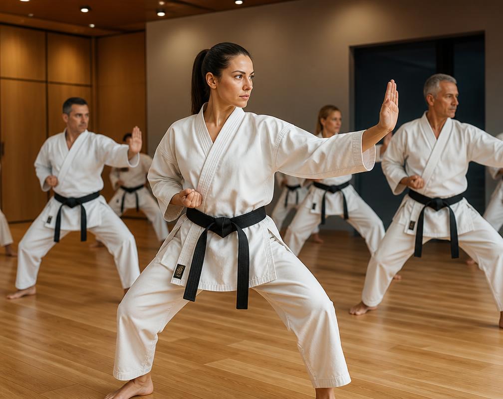 Adult martial arts students training in class