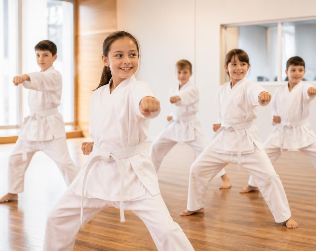 Children practising martial arts in a clean dojo