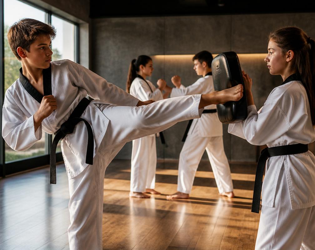 Teenagers training together in a martial arts class